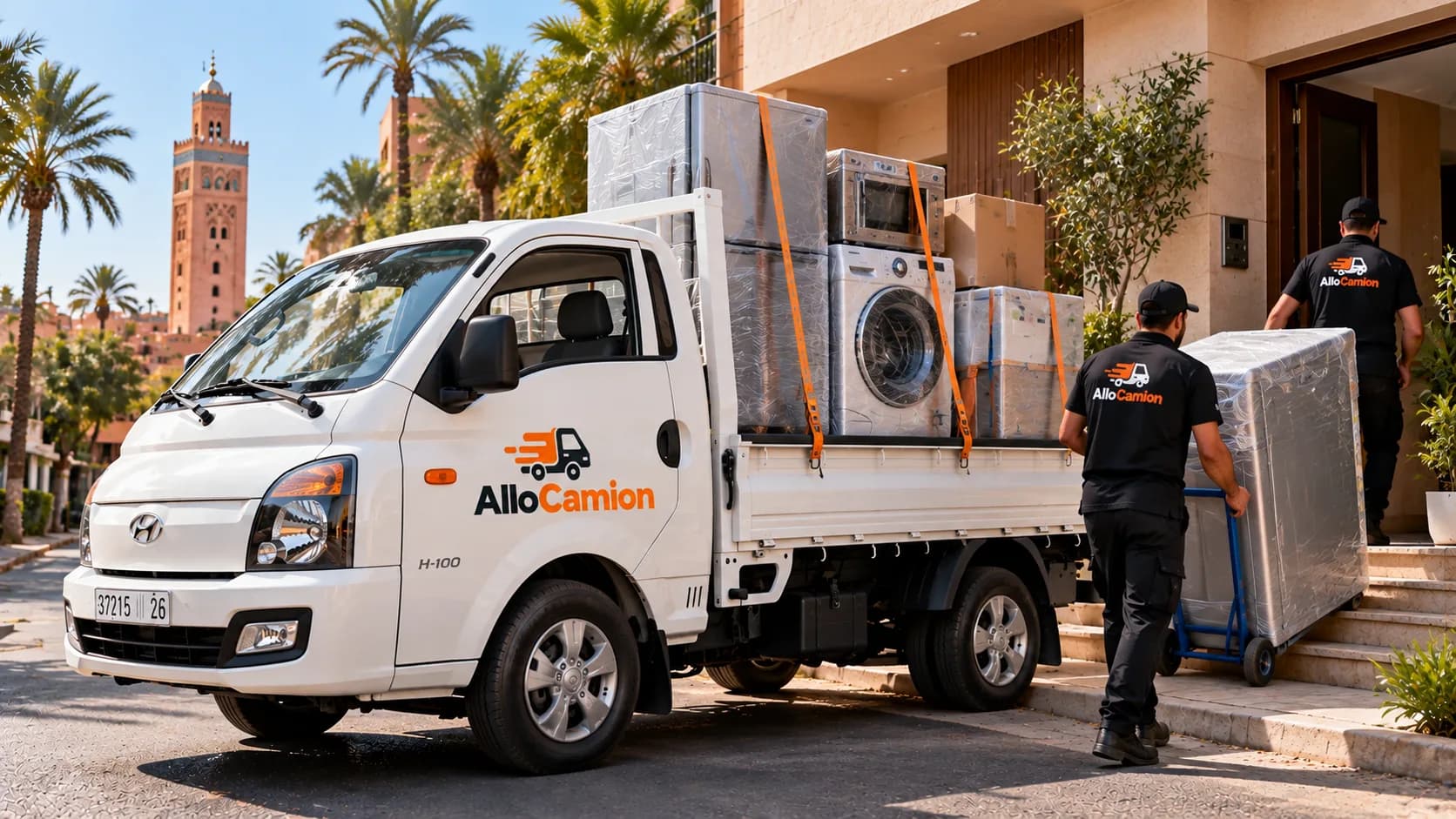 Camion plateau Allo Camion chargé d’une machine à laver et d’appareils emballés, sanglés, dans une rue de Marrakech