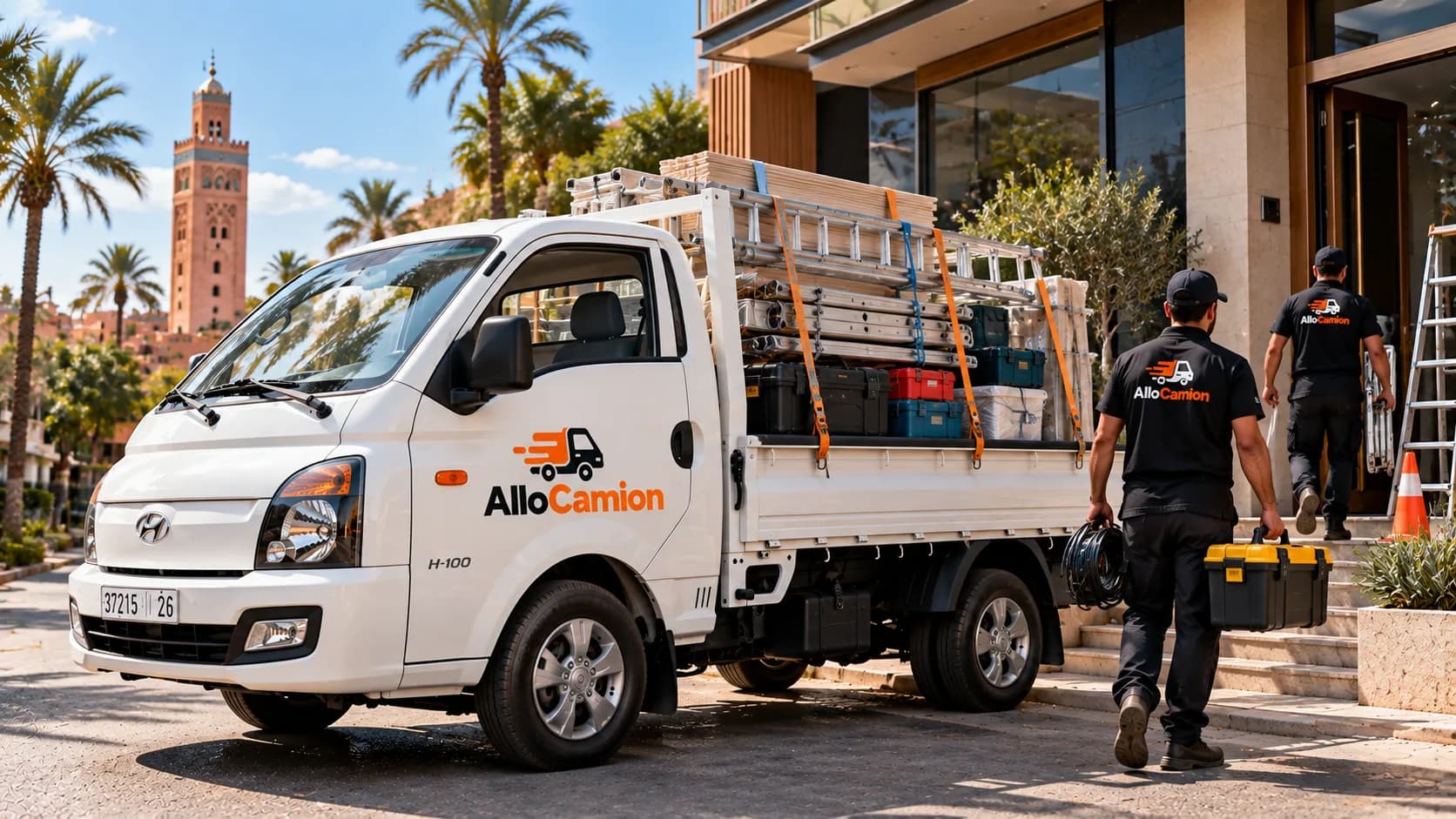 Camion plateau Allo Camion chargé d’échelles, de caisses à outils et de matériel professionnel, devant un immeuble de bureaux à Marrakech