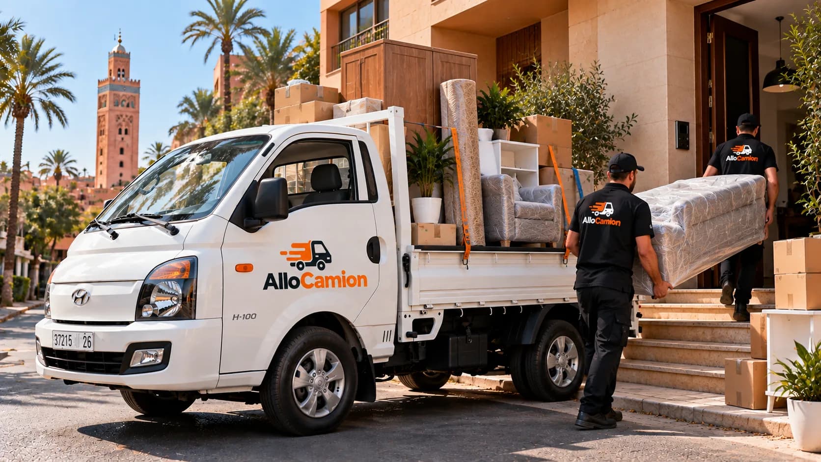 Camion plateau Allo Camion chargé de cartons, d’un fauteuil et de meubles sanglés, devant une résidence à Marrakech