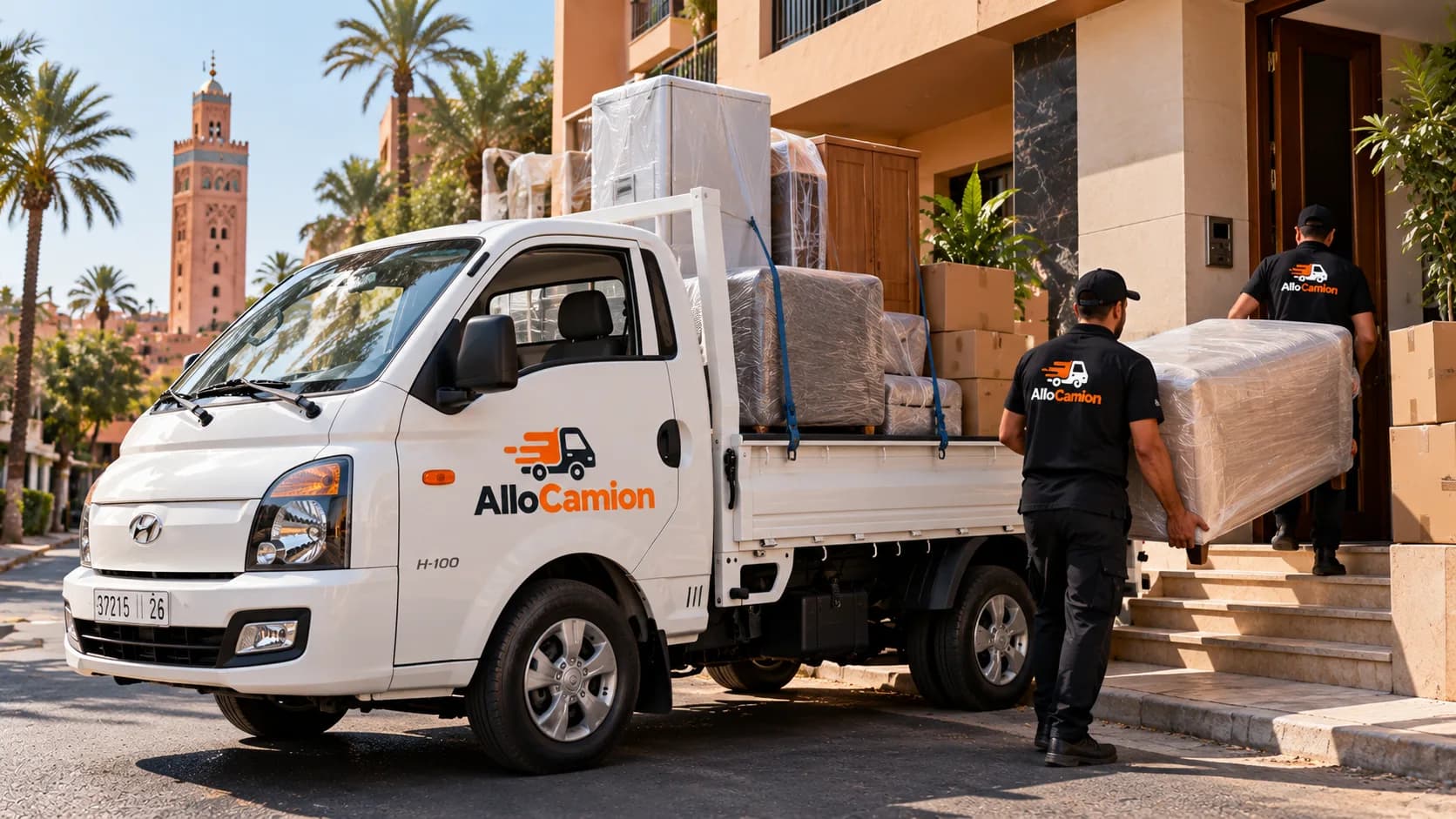 Camion plateau Allo Camion chargé de meubles emballés et sanglés, dans une rue de Marrakech, la Koutoubia au loin